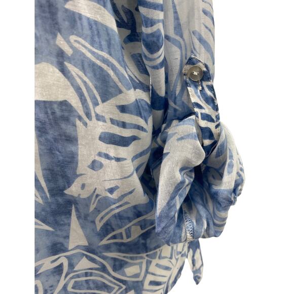 Grand & Greene Blue White Tropical Sheer Tunic Blouse L Roll Tab Sleeve Top - Picture 7 of 15